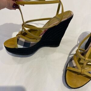 Burberry Mustard and Plaid Wedge Sandals